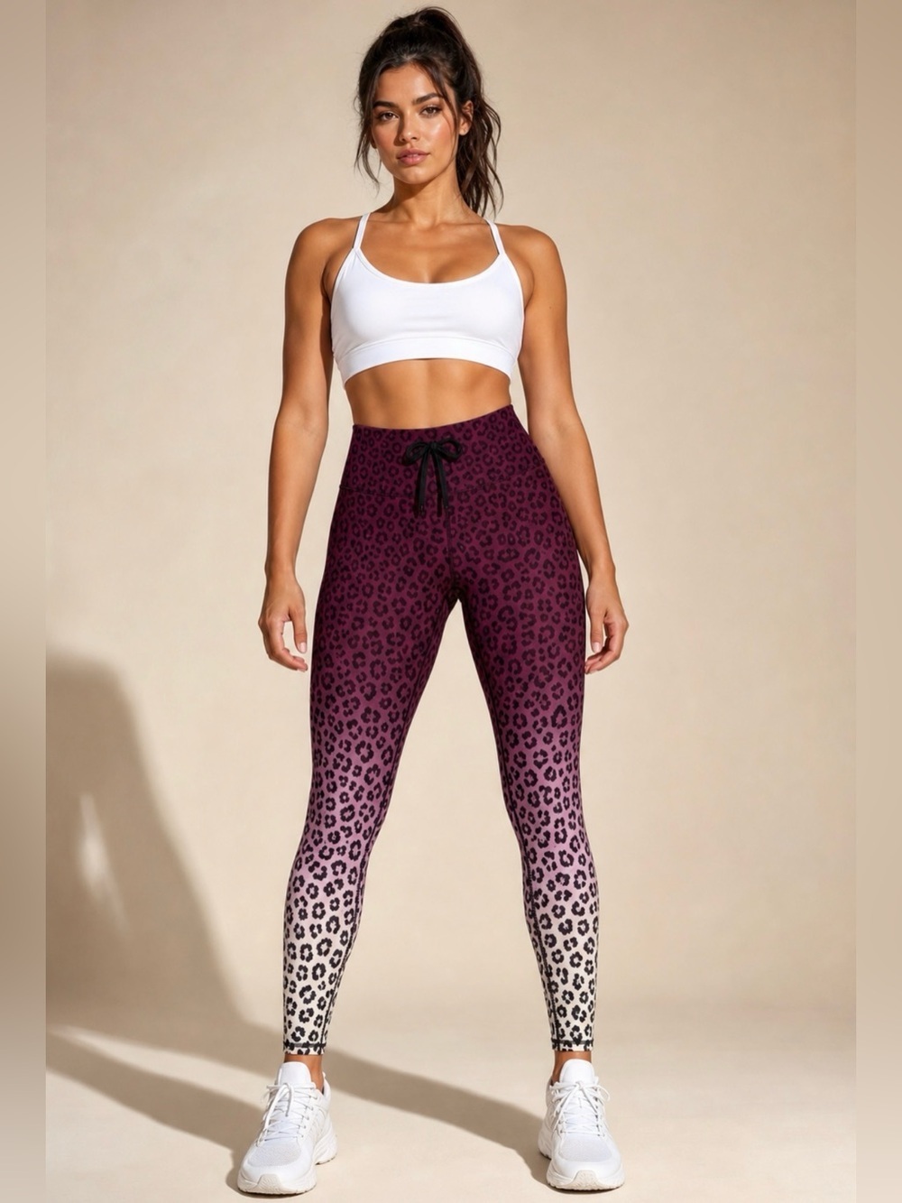 Good American Leopard Ombre Drawstring Leggings Burgundy Cream High Rise Sz 0